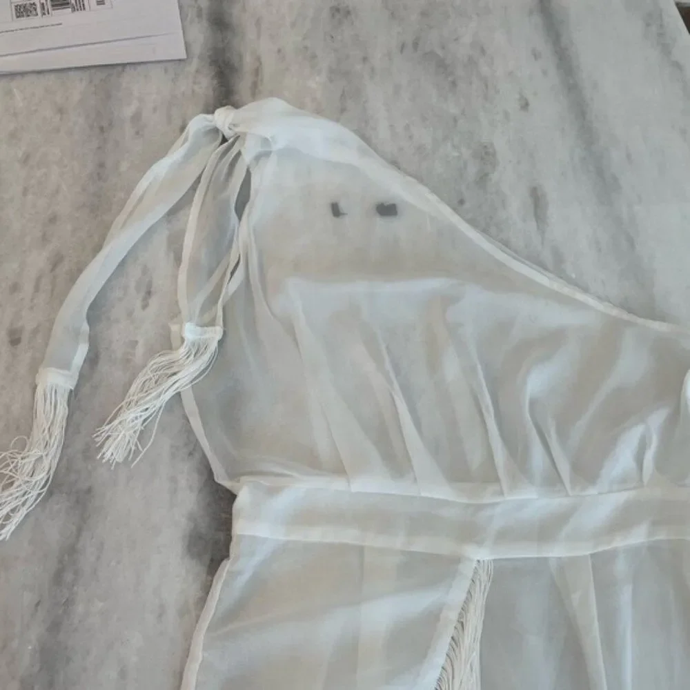 PRETTY LITTLE THING Swim Cover Up White Sheer Dress One Shouler with Fringe 6‎